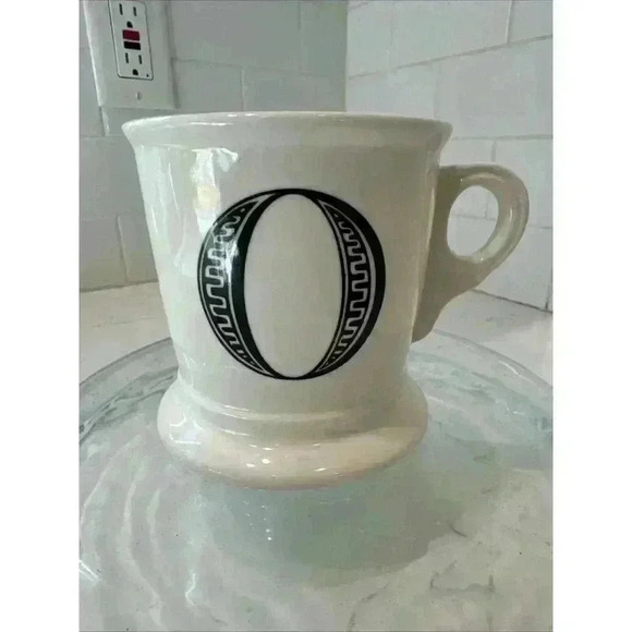 Anthropologie Letter O Initial Coffee Mug White Black Retro Shaving Cup Monogram - Picture 1 of 10